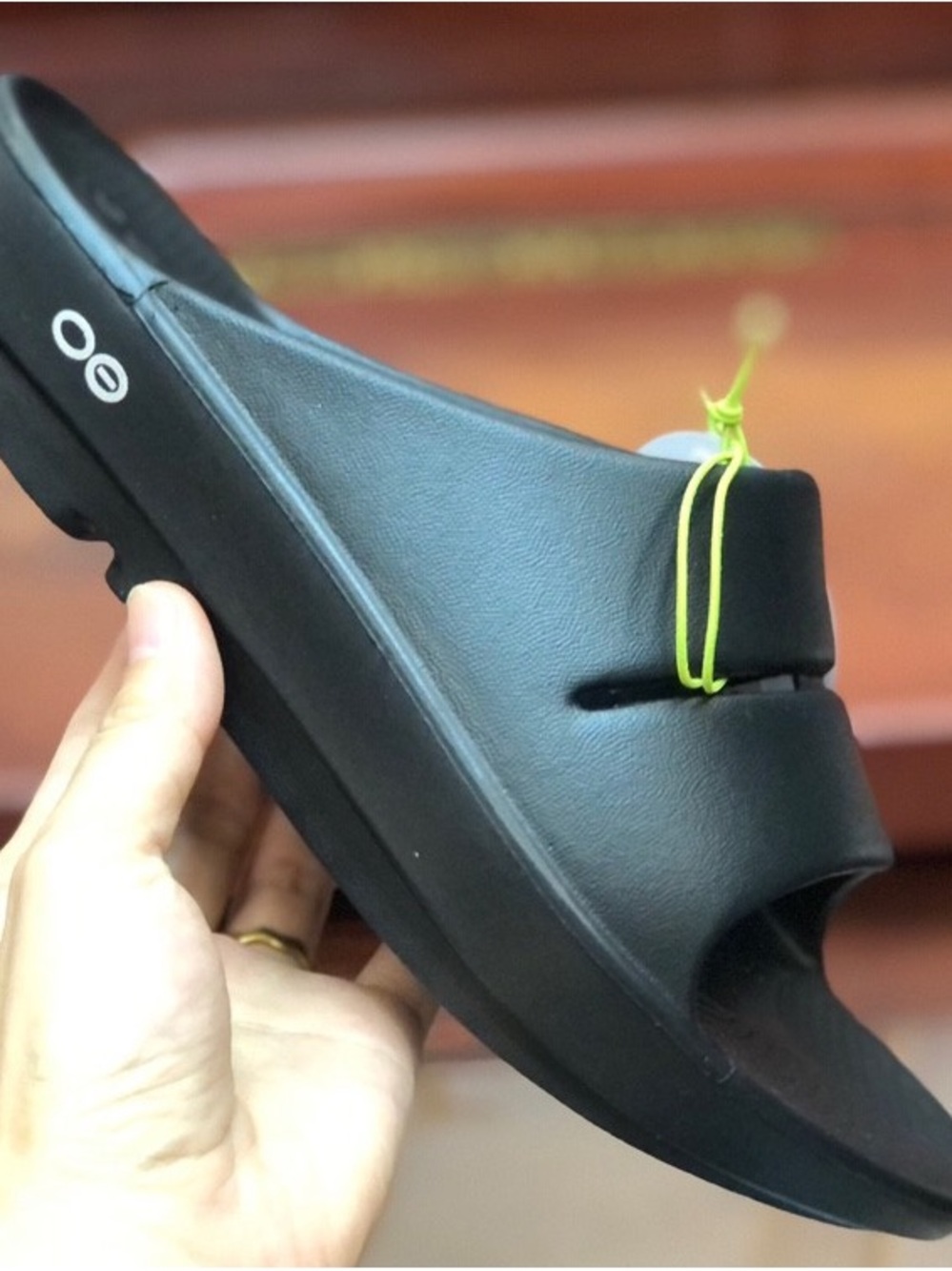 OOFOS Women's Black Slide Sandals with Neon Accent